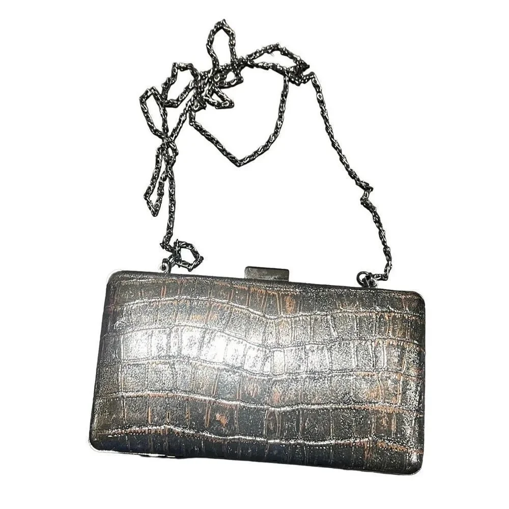 Kate Landry Silver Metallic Hard Clamshell Evening Bag, Crossbody Bag